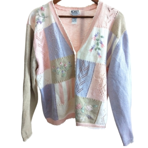 Vintage Sweaters - VINTAGE Koret Color Block Floral & Faux Pearls Buttons Boxy Fit Knit Cardigan